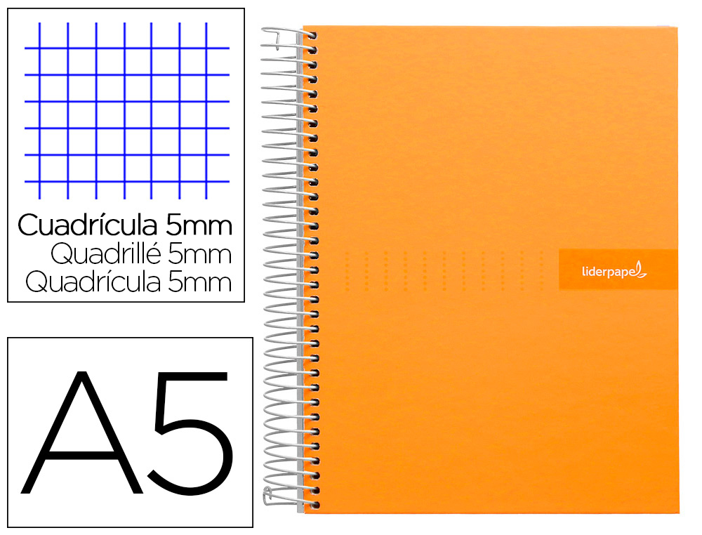 CUADERNO ESPIRAL LIDERPAPEL A5 MICRO CRAFTY TAPA FORRADA 120H 90GR CUADRO 5MM 5 BANDAS 6 TALADROS COLOR NARANJA