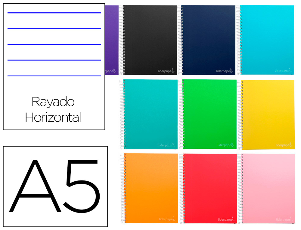 CUADERNO ESPIRAL LIDERPAPEL A5 MICRO JOLLY TAPA FORRADA 140H 75GR HORIZONTAL 5 BANDAS 6 TALADROS COLORES SURTIDOS
