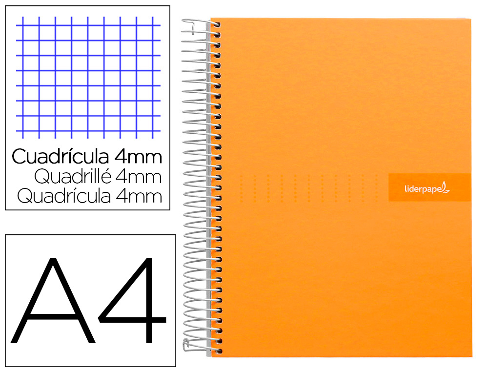 CUADERNO ESPIRAL LIDERPAPEL A4 CRAFTY TAPA FORRADA 80H 90GR CUADRO 4MM CON MARGEN COLOR NARANJA