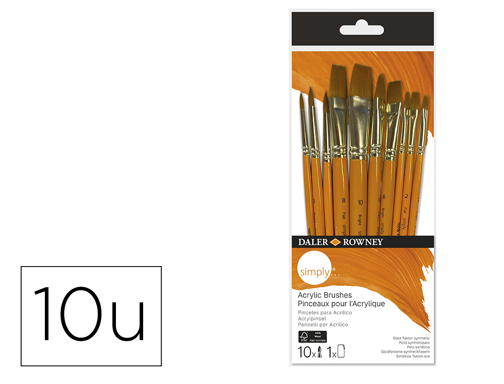 PINCELES DALER ROWNEY SIMPLY ART SINTENTICO MANGO CORTO DORADO BLISTER DE 10 UNIDADES