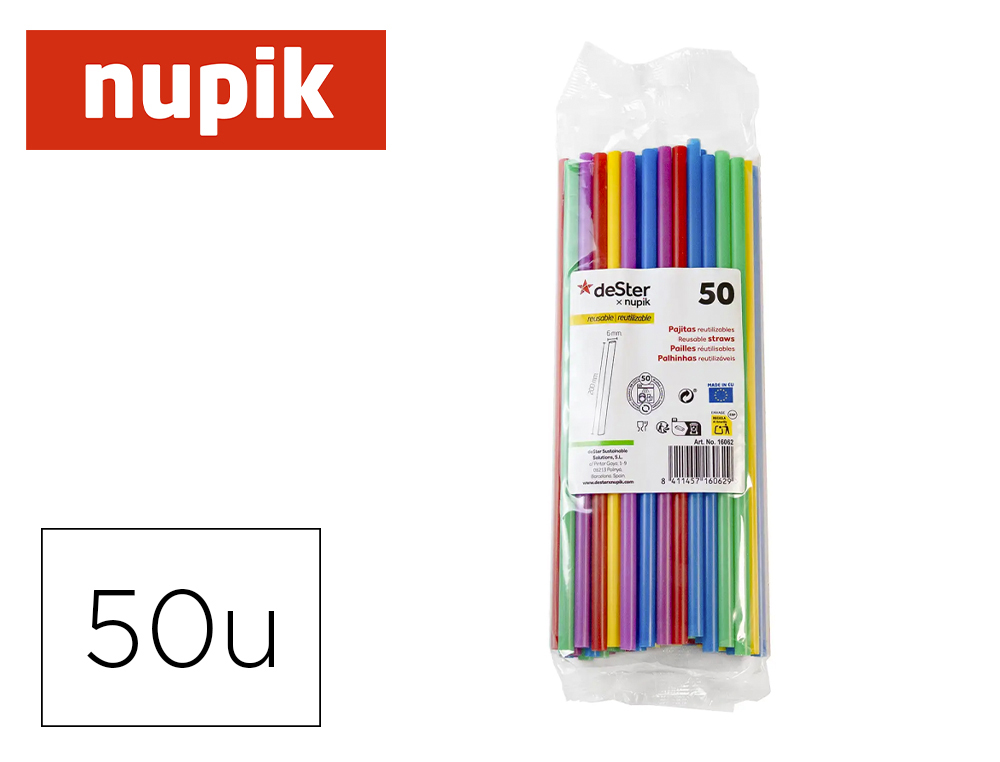 SORBETE NUPIK PLASTICO REUTILIZABLE 100% 200X6 MM PAQUETE DE 50 UNIDADES COLORESSURTIDOS