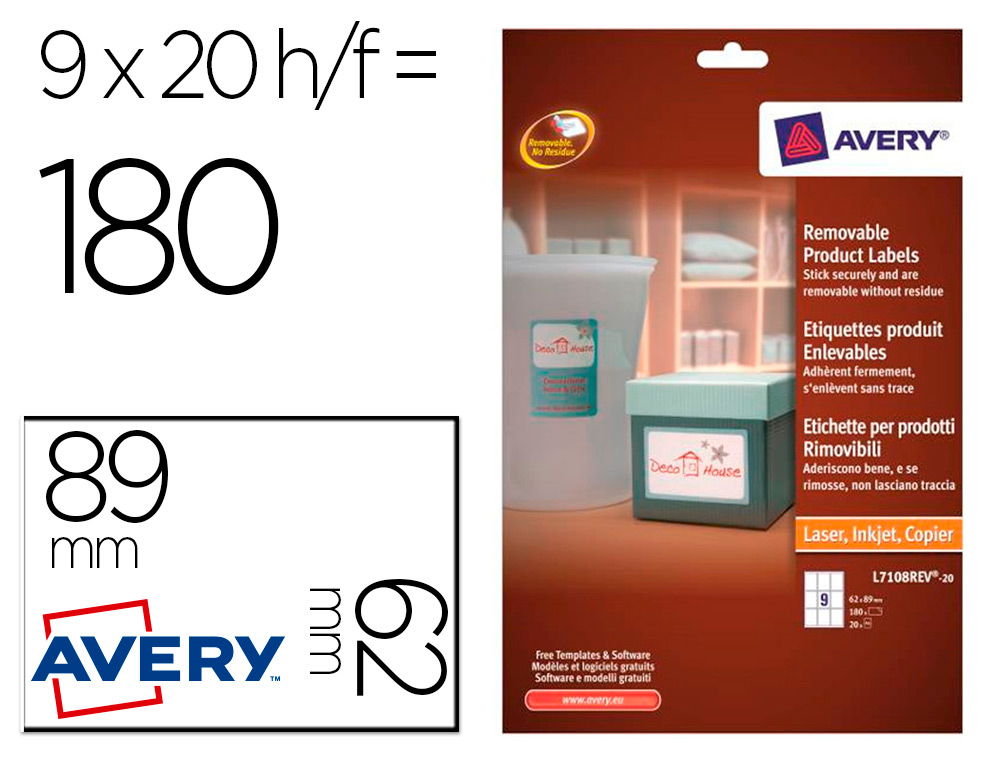 ETIQUETA ADHESIVA AVERY REMOVIBLE PARA IMPRESORA LASER INYECCION TINTA FOTOCOPIADORA BLANCA 62X89 MM