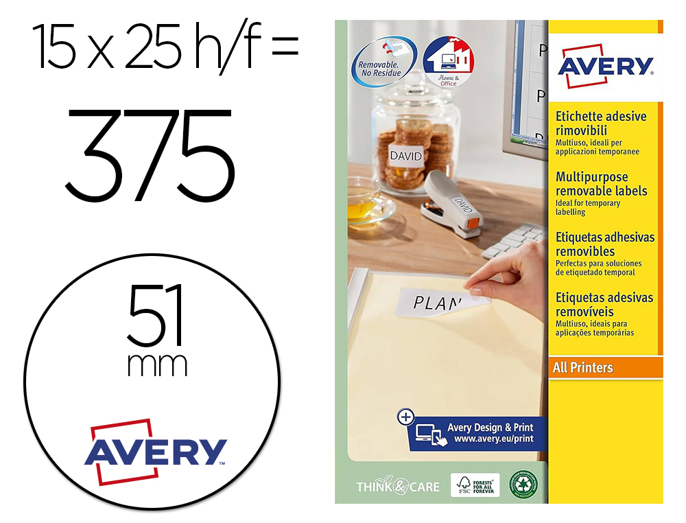 ETIQUETA ADHESIVA AVERY BLANCA REDONDA REMOVIBLE PARA LASER INK-JET FOTOCOPIADORA 51 MM CAJA DE 375 UNIDADES