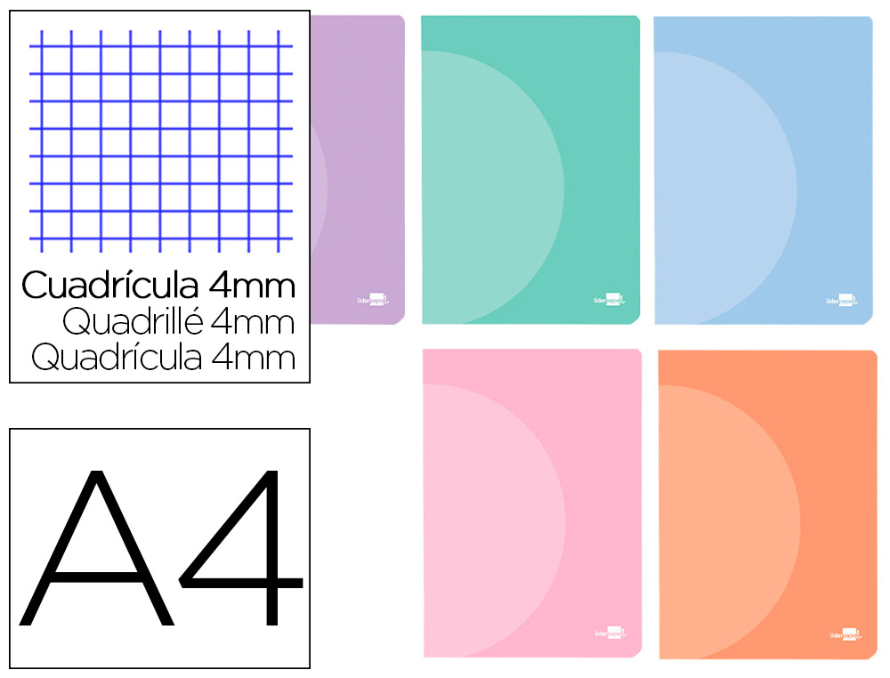 LIBRETA LIDERPAPEL 360 TAPA DE PLASTICO A4 48 HOJAS 90GR CUADRO 4MM CON MARGEN COLORES PASTEL SURTIDOS