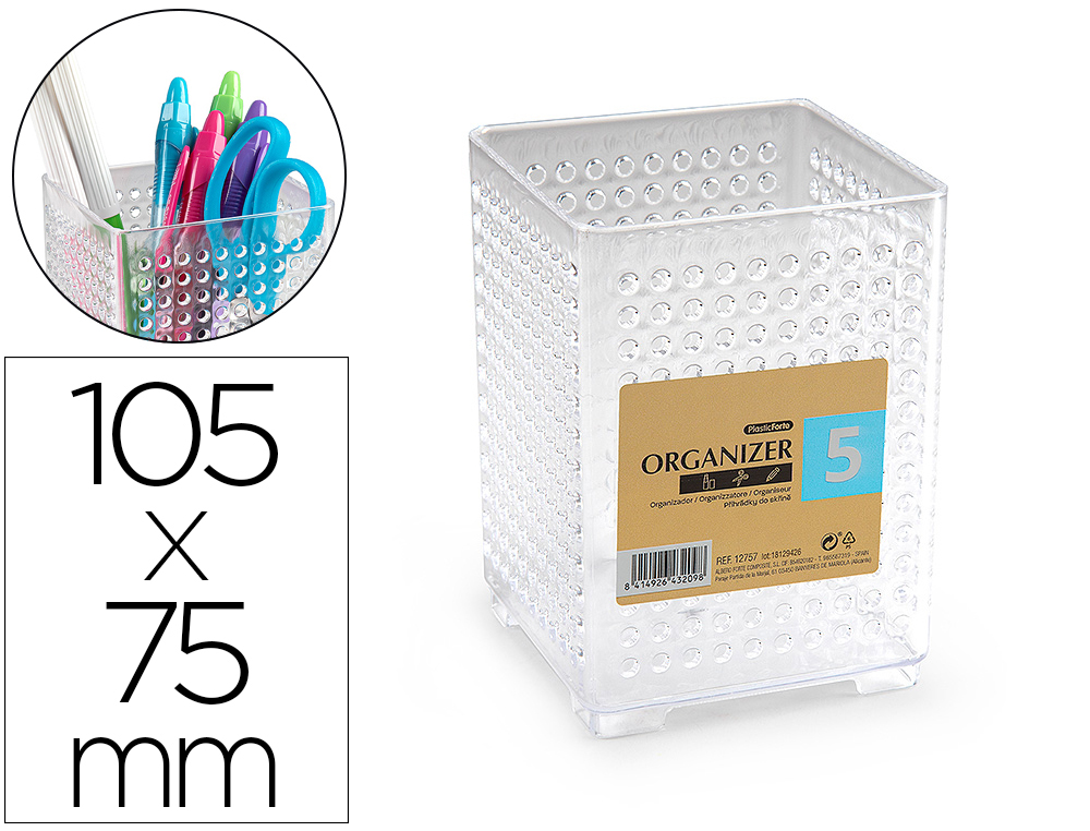 CUBILETE PORTALAPICES PLASTIFORTE TRANSPARENTE PLASTICO ORGANIZER CUADRADO Nº5 75X75X105 MM