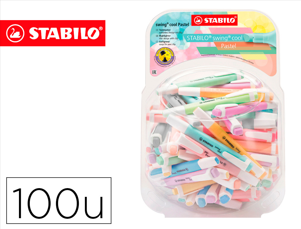 ROTULADOR STABILO FLUORESCENTE FINO SWING COOL PASTEL BOMBONERA DE 100 UNIDADES COLORES SURTIDOS