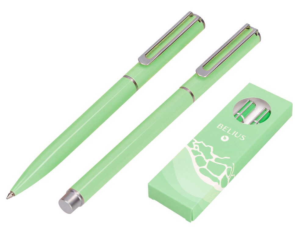 JUEGO BOLIGRAFO Y ROLLER BELIUS ENDLESS SUMMER ALUMINIO COLOR VERDE Y PLATEADO TINTA AZUL CAJA DE DISEÑO