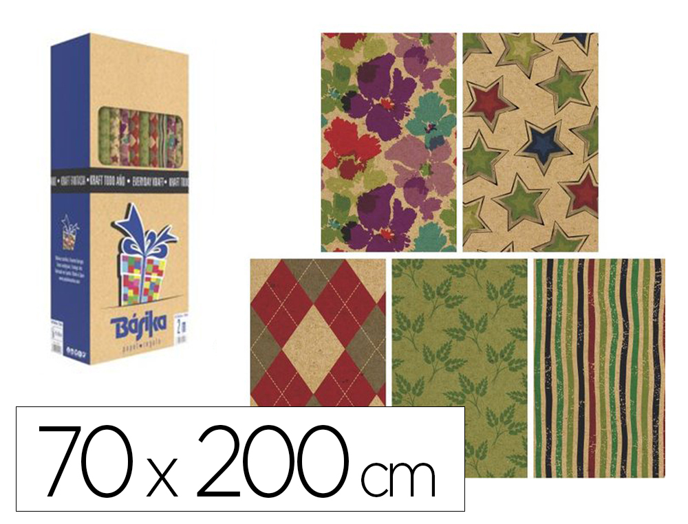 PAPEL DE REGALO BASIKA KRAFT TODO AÑO ROLLO ANCHO 70 CM LONGITUD 2 M DISEÑOS SURTIDOS GRAMAJE 50 GR