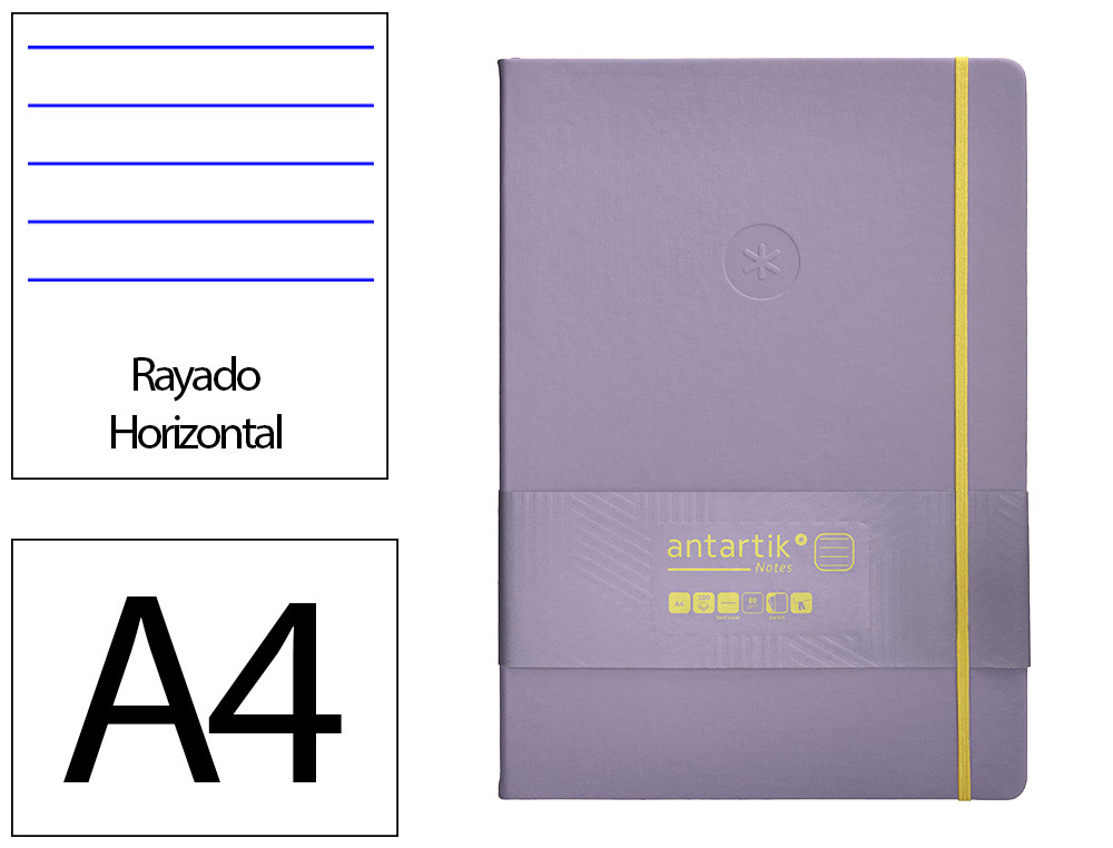 CUADERNO CON GOMILLA ANTARTIK NOTES TAPA DURA A4 HOJAS RAYAS MORADO Y AMARILLO 100 HOJAS 80 GR FSC