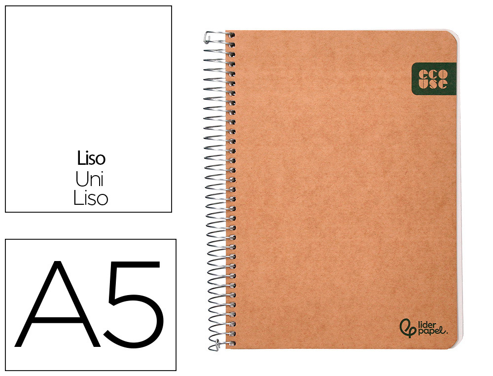 CUADERNO ESPIRAL LIDERPAPEL DIN A5 ECOUSE TAPA CARTULINA KRAFT CONTRACOLADA 120H PAPEL 100% RECICLADO 80GR LISO