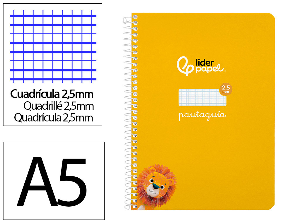 CUADERNO ESPIRAL LIDERPAPEL A5 PAUTAGUIA TAPA BLANDA 40H 75GR CUADRO PAUTADO 2,5MM COLOR AMARILLO