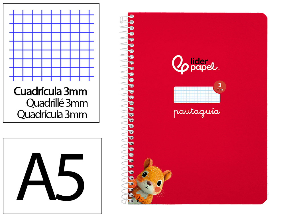 CUADERNO ESPIRAL LIDERPAPEL A5 PAUTAGUIA TAPA BLANDA 40H 75GR CUADRO PAUTADO 3MM COLOR ROJO