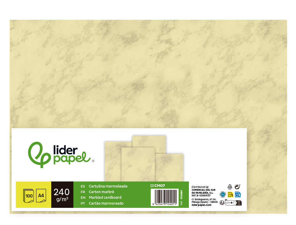 CARTULINA MARMOLEADA LIDERPAPEL DIN A4 240GR CREMA CLARO PAQUETE DE 100 HOJAS