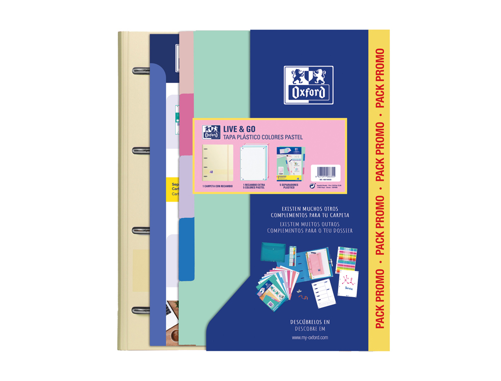PACK CARPETA CON RECAMBIO OXFORD EBINDER L&G PASTEL + RECAMBIO 4 ANILLAS 80 H + JUEGO 5 SEPARADORES