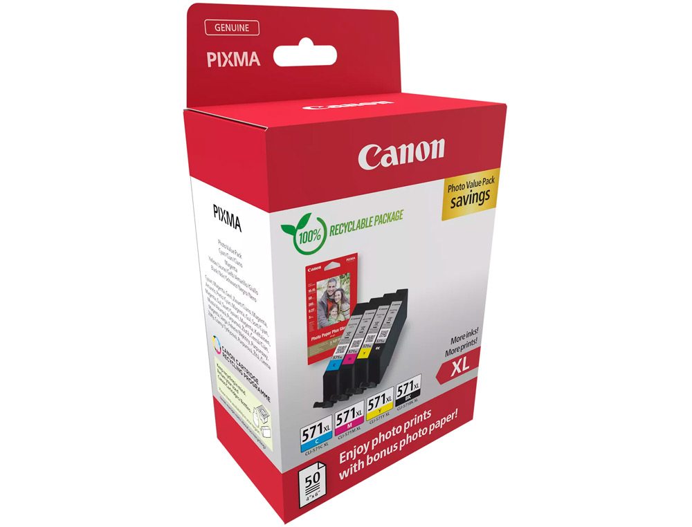 INK-JET CANON CLI-571XL PIXMA MG6852/TS6050/TS8050 MULTIPACK DE 4 UNIDADES NEGRO/AMARILLO/CIAN/MAGENTA