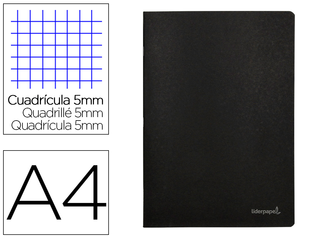 LIBRETA LIDERPAPEL TAPA NEGRA A4 80 HOJAS 60GR CUADRO 5MM CON DOBLE MARGEN
