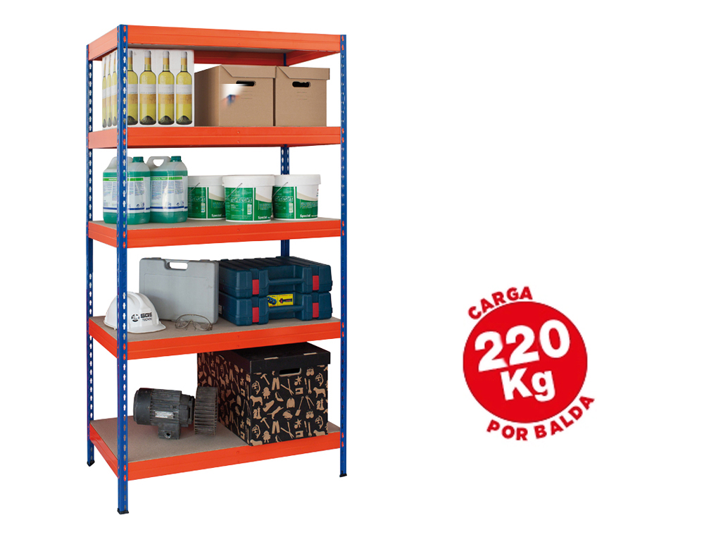 ESTANTERIA METALICA AR STORAGE 192X90X45 CM 5 ESTANTES 220KG POR ESTANTE BANDEJAS DE MADERASIN TORNILLOS AZUL NARANJA