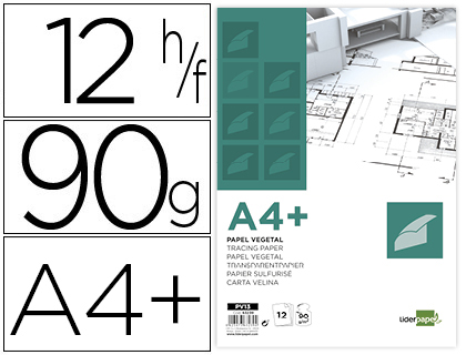 PAPEL VEGETAL LIDERPAPEL A4+ 90 GR 240X320MM SOBRE DE 12 HOJAS