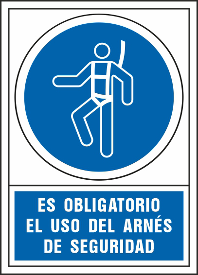 PICTOGRAMA SYSSA SEÑAL DE OBLIGACION ES OBLIGATORIO EL USO DE ARNES DE SEGURIDAD EN PVC 245X345 MM