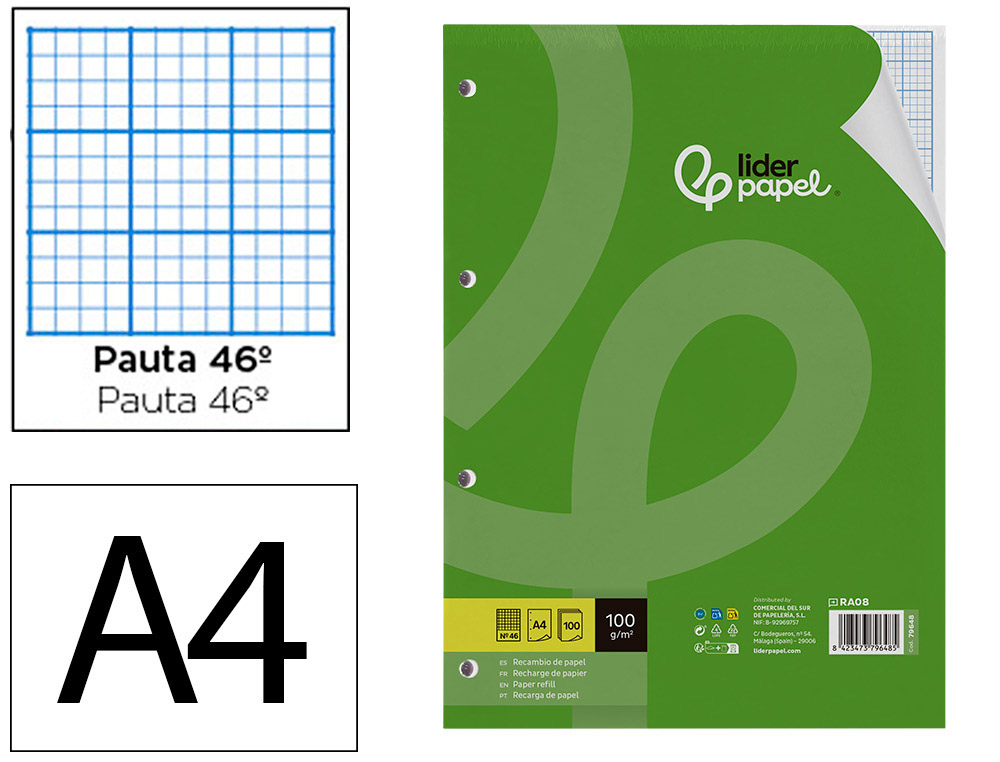 RECAMBIO LIDERPAPEL A4 100 HOJAS 100GR RAYADO N 46 4 TALADROS