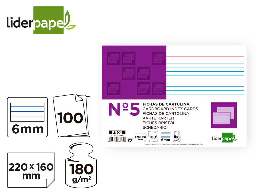 FICHA LIDERPAPEL RAYADA N5 160X220 MM 180GR PAQUETE DE 100 UNIDADES