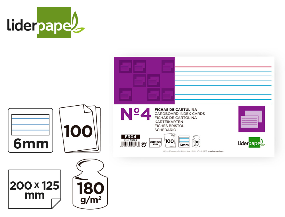 FICHA LIDERPAPEL RAYADA Nº4 125X200 MM 180GR PAQUETE DE 100 UNIDADES
