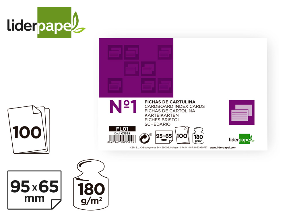 FICHA LIDERPAPEL LISA N1 65X95MM 180GR PAQUETE DE 100 UNIDADES