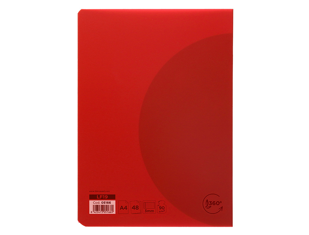 LIBRETA LIDERPAPEL 360 TAPA DE PLASTICO A4 48 HOJAS 90GR CUADRO 3MM CON MARGEN COLORES SURTIDOS