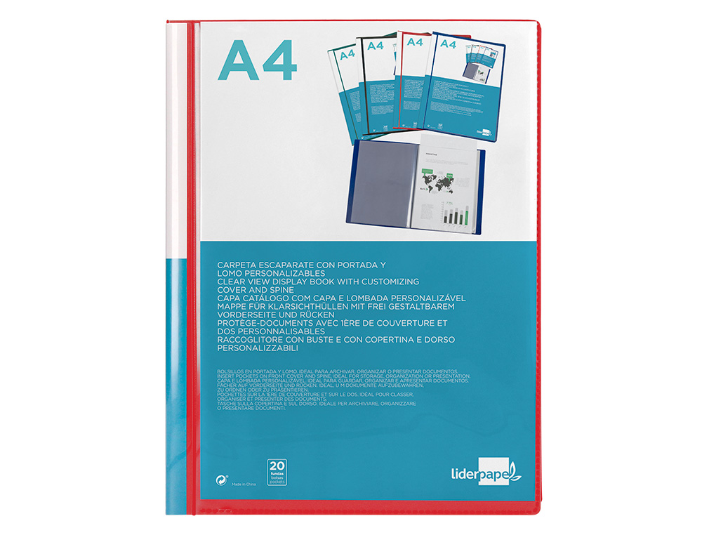 CARPETA LIDERPAPEL PERSONALIZA 20 FUNDAS CANGURO POLIPROPILENO DIN A4 ROJO TRANSLUCIDO PORTADA Y LOMO