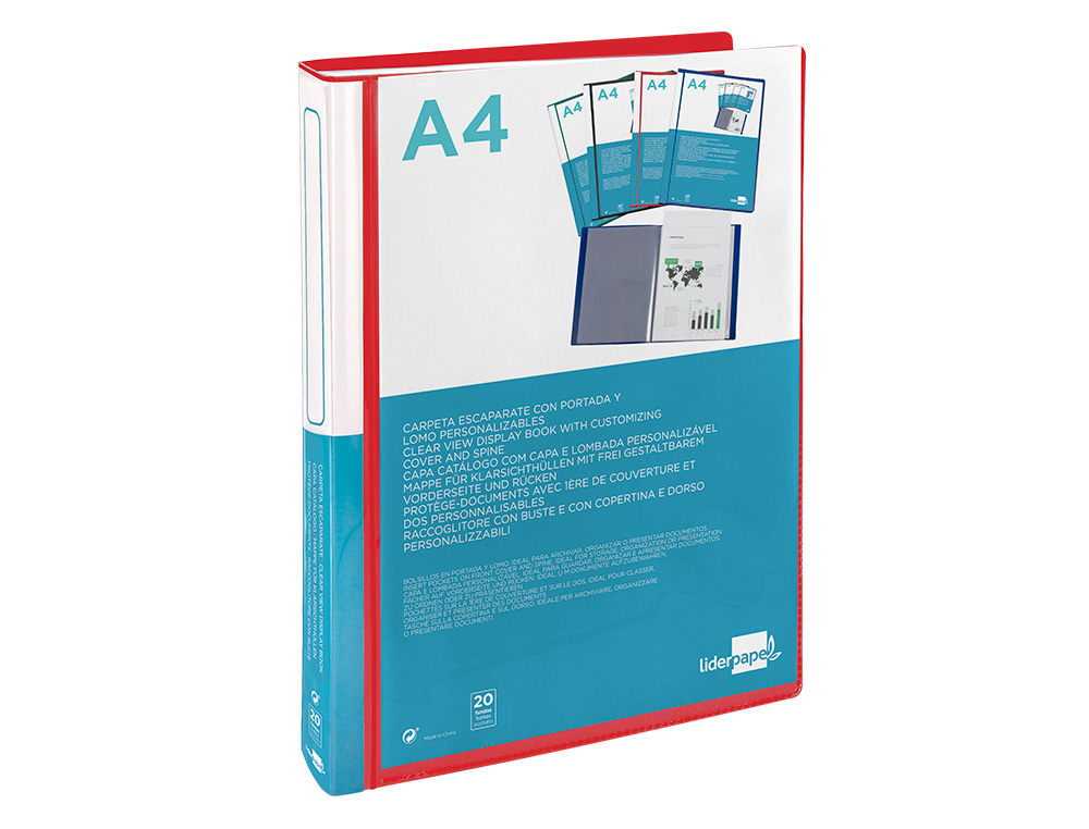 CARPETA LIDERPAPEL PERSONALIZA 20 FUNDAS CANGURO POLIPROPILENO DIN A4 ROJO TRANSLUCIDO PORTADA Y LOMO