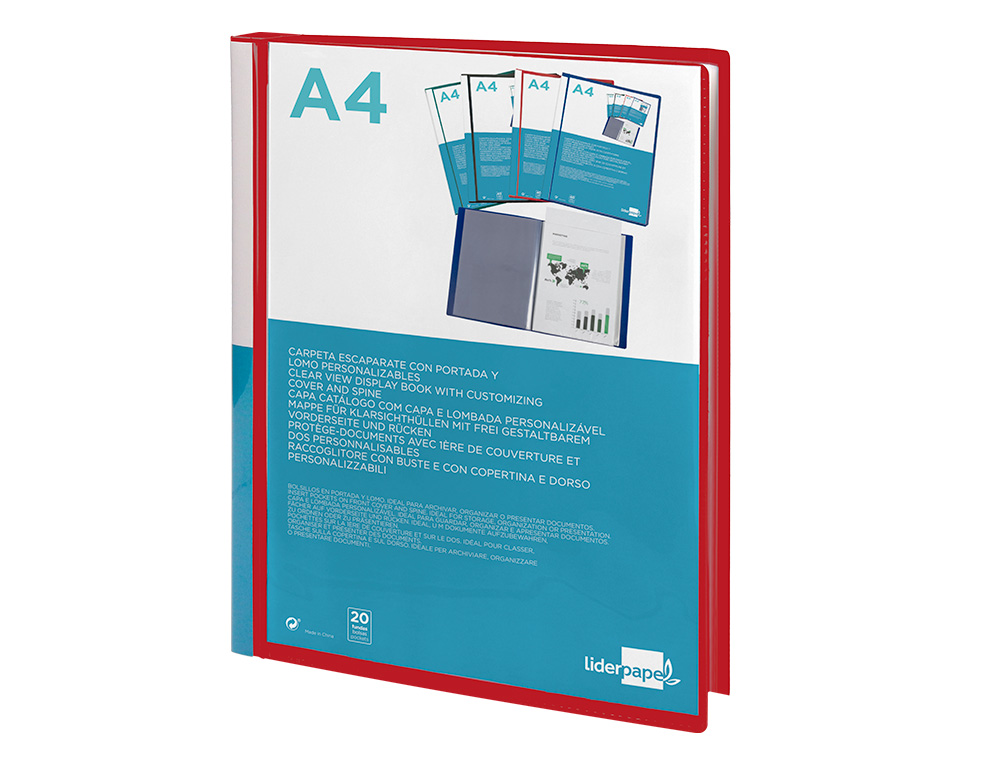 CARPETA LIDERPAPEL PERSONALIZA 20 FUNDAS CANGURO POLIPROPILENO DIN A4 ROJO TRANSLUCIDO PORTADA Y LOMO