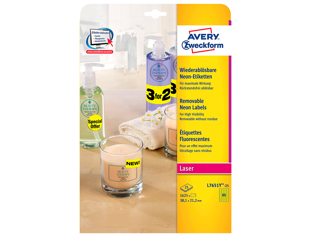 ETIQUETA ADHESIVA AVERY TAMAÑO 38,1X21,2 MM REMOVIBLE AMARILLO FLUORESCENTE CAJA DE 1625 UNIDADES