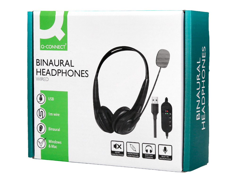 AURICULAR Q-CONNECT BIAURAL DIADEMA CON MICROFONO Y CONTROL DE VOLUMEN CONEXION USB CABLE DE 2M COLOR NEGRO