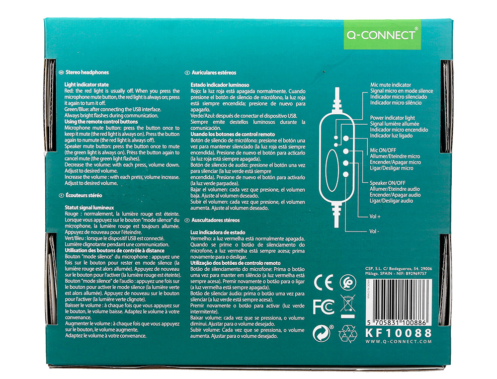 AURICULAR Q-CONNECT BIAURAL DIADEMA CON MICROFONO Y CONTROL DE VOLUMEN CONEXION USB CABLE DE 2M COLOR NEGRO