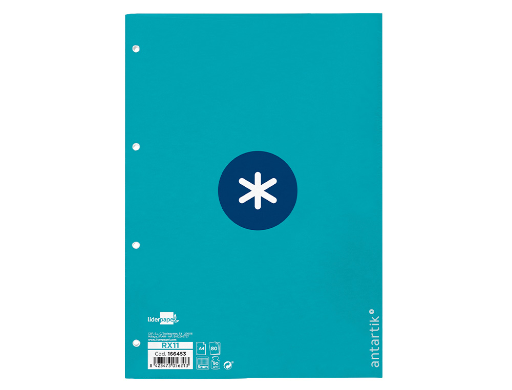 RECAMBIO ANTARTIK A4 80 HOJAS 90GR CUADRO 5MM 4 TALADROS 1 BANDA CON MARCO COLOR TURQUESA