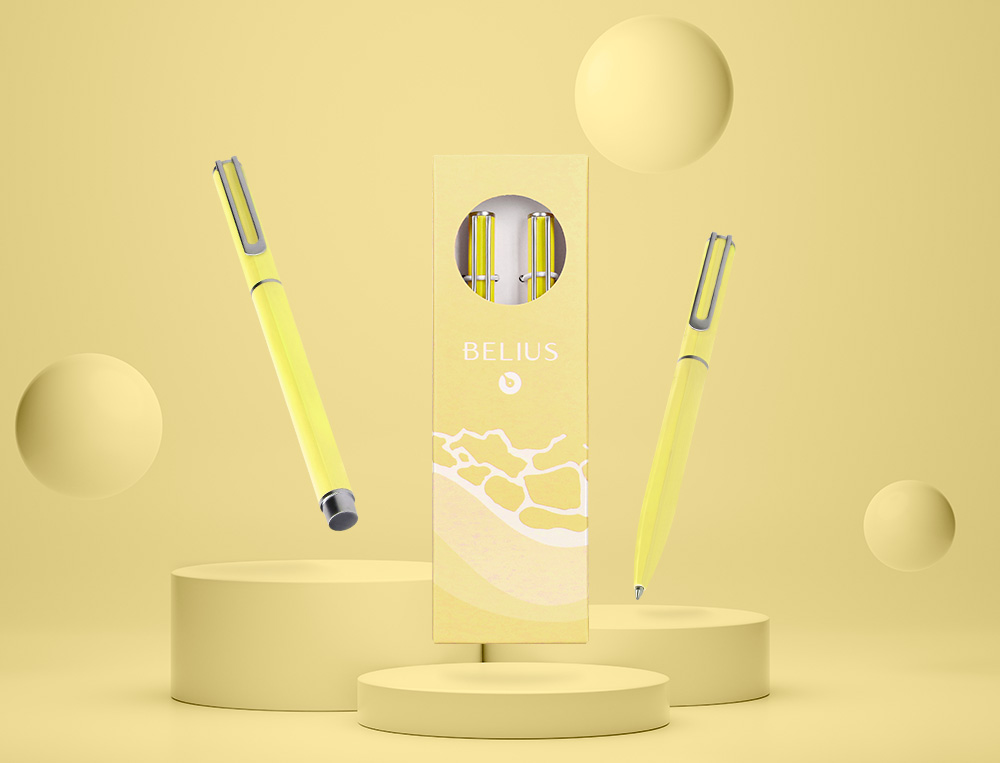 JUEGO BOLIGRAFO Y ROLLER BELIUS ENDLESS SUMMER ALUMINIO COLOR AMARILLO Y PLATEADO TINTA AZUL CAJA DE DISEÑO