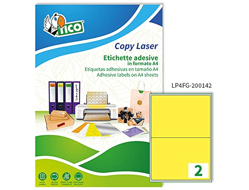 ETIQUETA ADHESIVA TICO AMARILL O FLUORESCENTES PERMANENTE FSCLASER/INKJET/FOTOCOPIA 200X142MM CAJA DE 140 UNIDADES