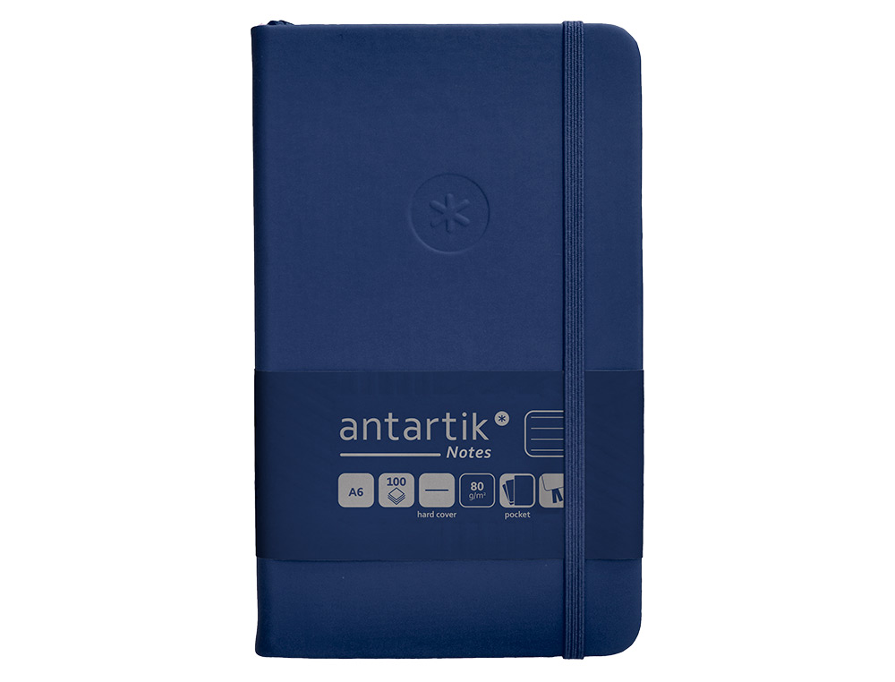 CUADERNO CON GOMILLA ANTARTIK NOTES TAPA DURA A6 HOJAS RAYAS AZUL MARINO 100 HOJAS 80 GR FSC