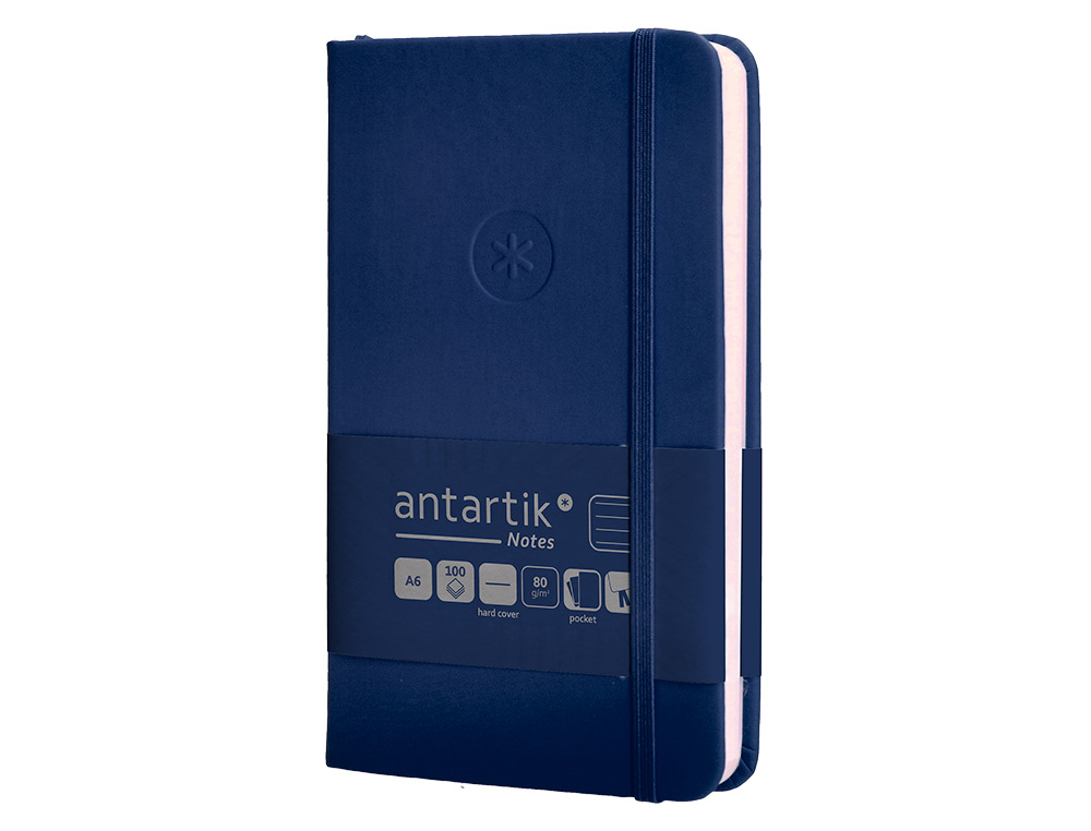 CUADERNO CON GOMILLA ANTARTIK NOTES TAPA DURA A6 HOJAS RAYAS AZUL MARINO 100 HOJAS 80 GR FSC
