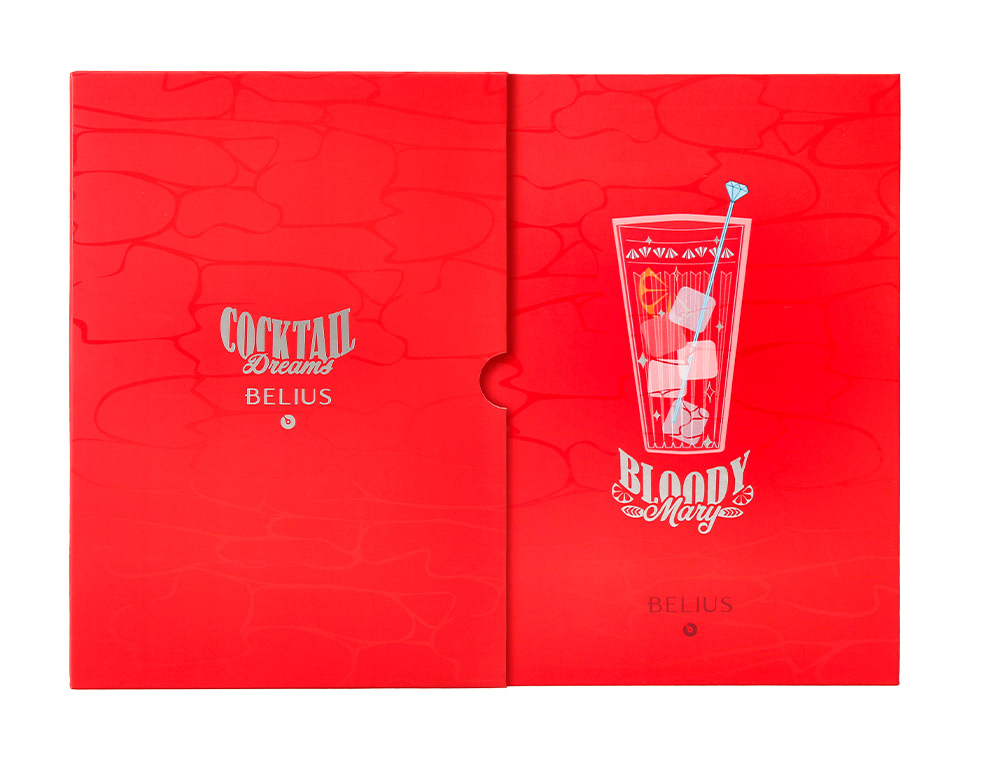 BOLIGRAFO Y WALLET BELIUS COCKTAILS BLOODY MARY ALUMINIOROJO PLATEADO RELIEVE TINTA COLOR AZUL CAJA DE DISEÑO