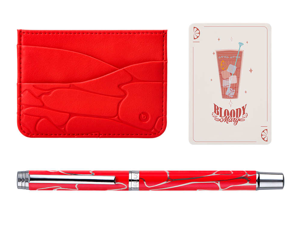 BOLIGRAFO Y WALLET BELIUS COCKTAILS BLOODY MARY ALUMINIOROJO PLATEADO RELIEVE TINTA COLOR AZUL CAJA DE DISEÑO