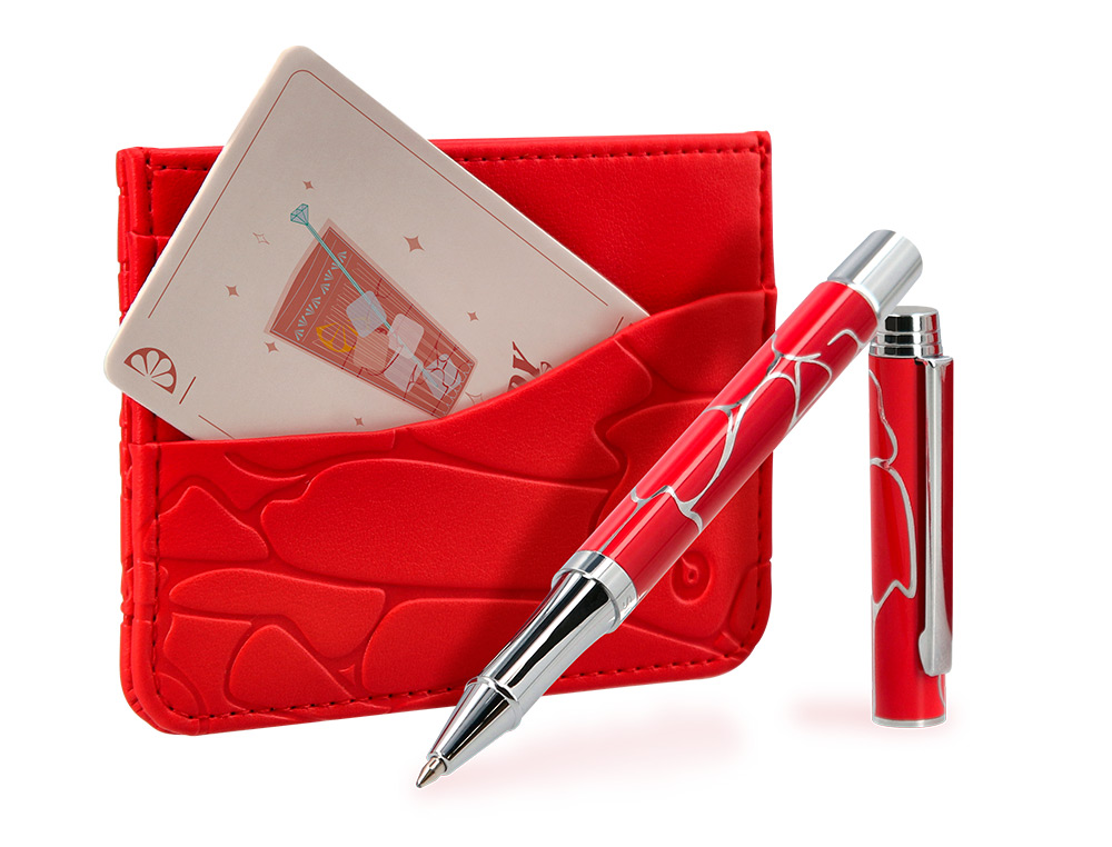 BOLIGRAFO Y WALLET BELIUS COCKTAILS BLOODY MARY ALUMINIOROJO PLATEADO RELIEVE TINTA COLOR AZUL CAJA DE DISEÑO