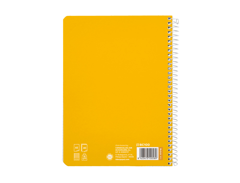 CUADERNO ESPIRAL LIDERPAPEL A5 PAUTAGUIA TAPA BLANDA 40H 75GR CUADRO PAUTADO 2,5MM COLOR AMARILLO