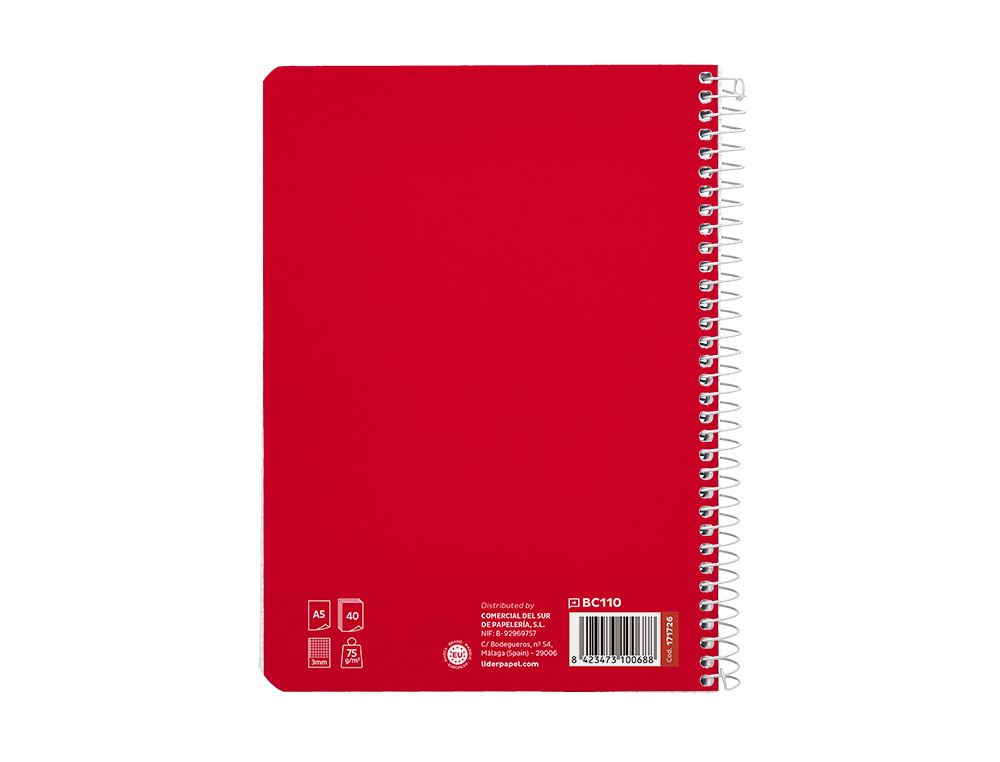 CUADERNO ESPIRAL LIDERPAPEL A5 PAUTAGUIA TAPA BLANDA 40H 75GR CUADRO PAUTADO 3MM COLOR ROJO