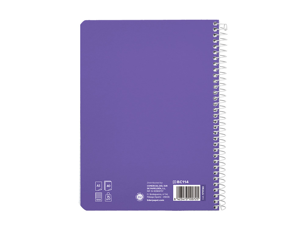 CUADERNO ESPIRAL LIDERPAPEL A5 PAUTAGUIA TAPA BLANDA 40H 75GR CUADRO PAUTADO 4MM COLOR LILA