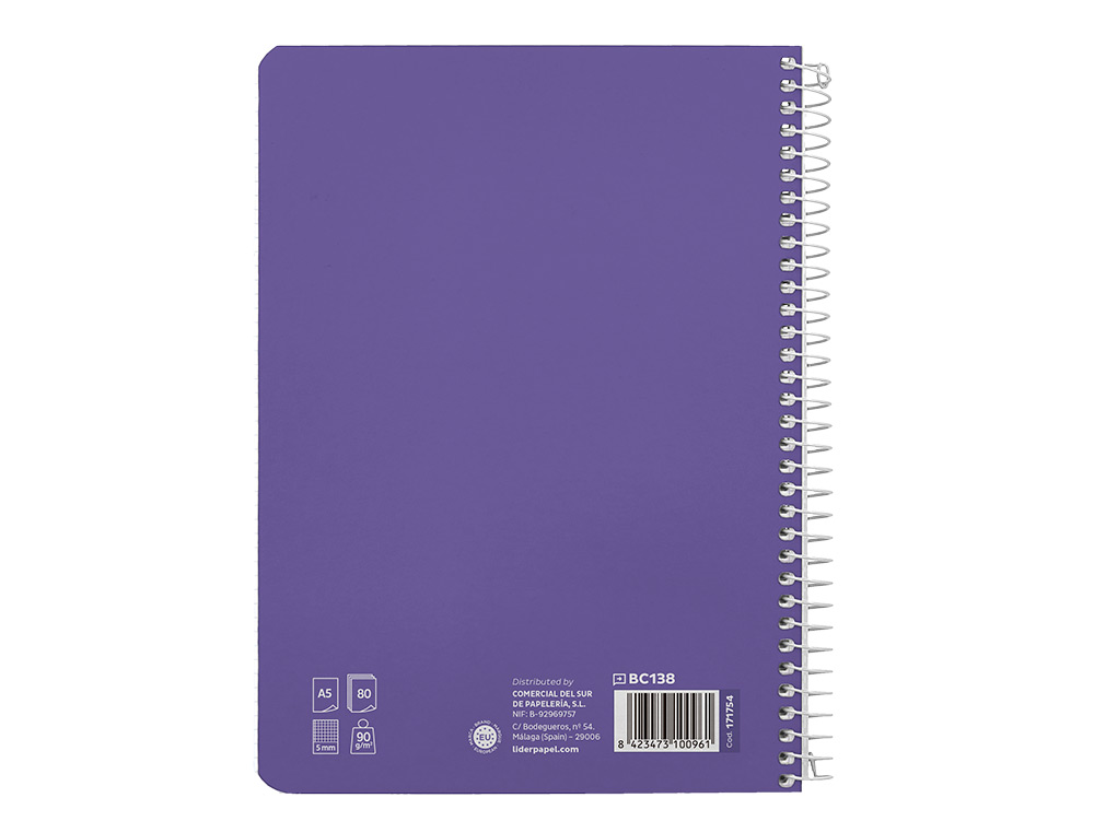 CUADERNO ESPIRAL LIDERPAPEL A5 PAUTAGUIA TAPA DURA 80H 90GR CUADRO PAUTADO 5MM COLOR LILA