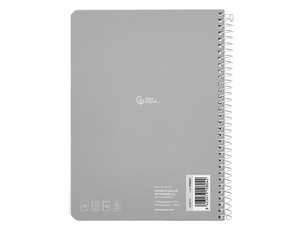 CUADERNO ESPIRAL LIDERPAPEL A5 SMART TAPA BLANDA 80H 75GR PAUTA 3,5MM CON MARGEN COLORES SURTIDOS