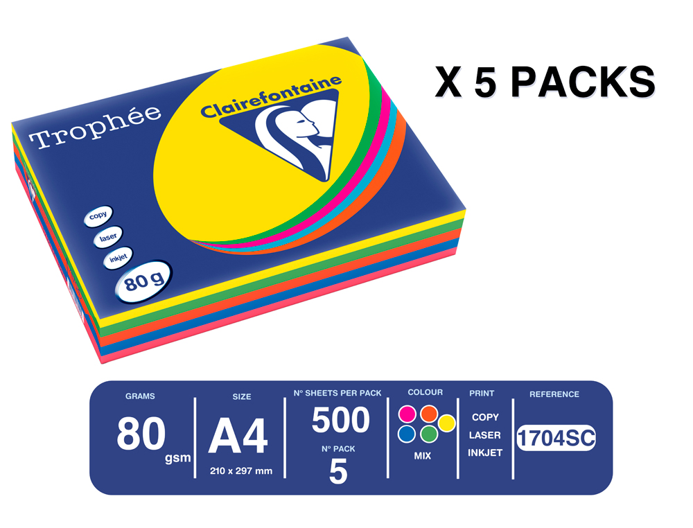 PAPEL COLOR TROPHEE A4 80GR 5 COLORES SURTIDOS INTENSOS PAQUETE DE 500 HOJAS (100 HOJAS X COLOR)
