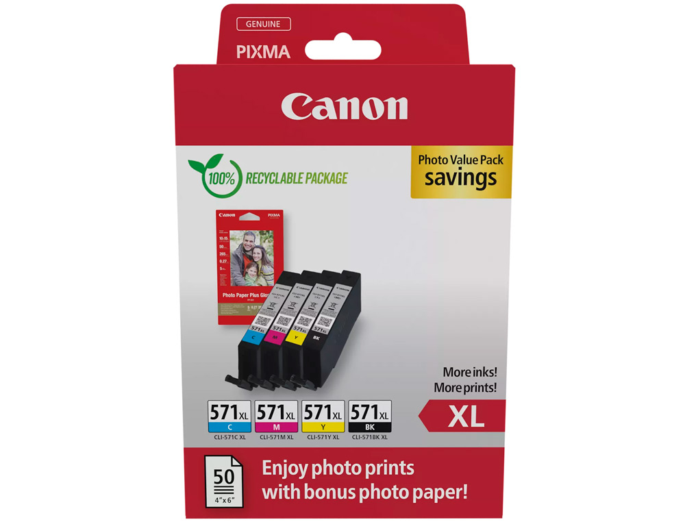 INK-JET CANON CLI-571XL PIXMA MG6852/TS6050/TS8050 MULTIPACK DE 4 UNIDADES NEGRO/AMARILLO/CIAN/MAGENTA