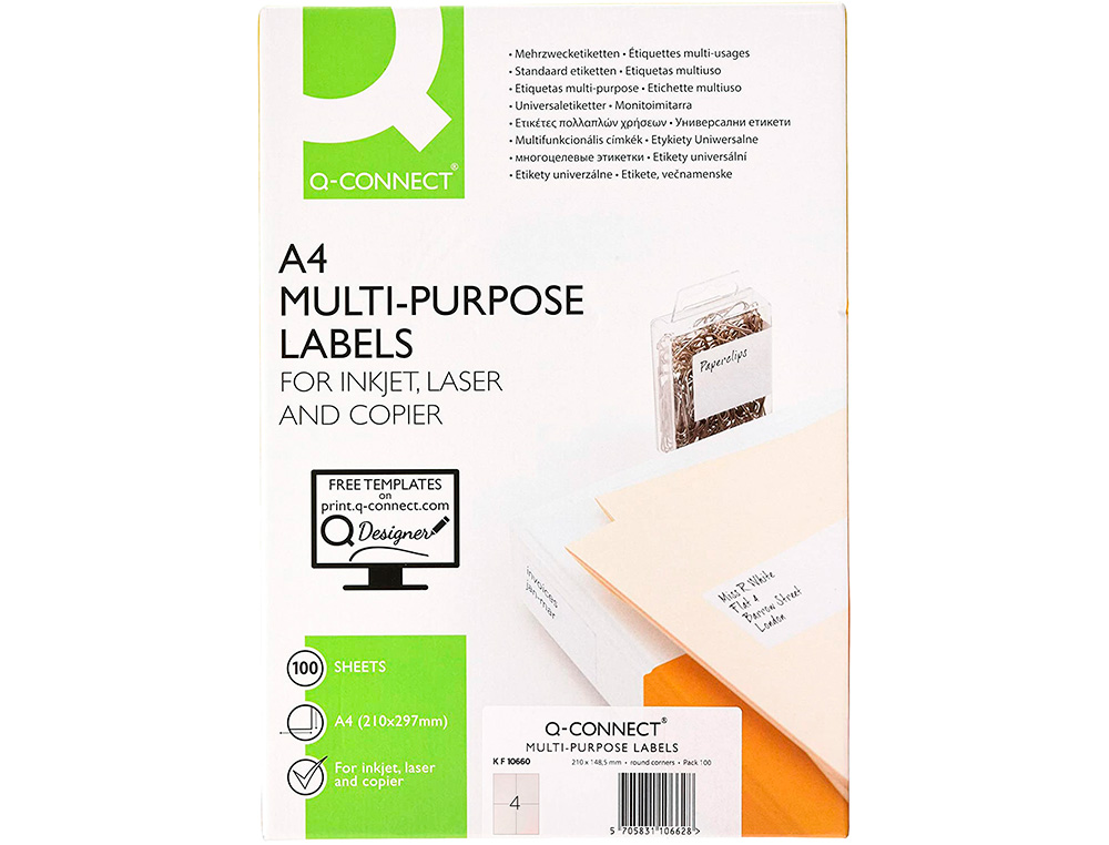 ETIQUETA ADHESIVA Q-CONNECT KF10660 TAMAO 105X148,5 MM FOTOCOPIADORA LASER INK-JET CAJA CON 100 HOJAS DIN A4